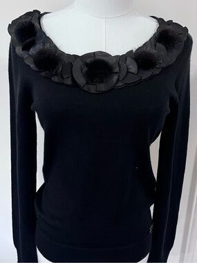 Vintage Black Fine Knit Fur Pom Petal Collar Sweater Top Whimsigoth Evening